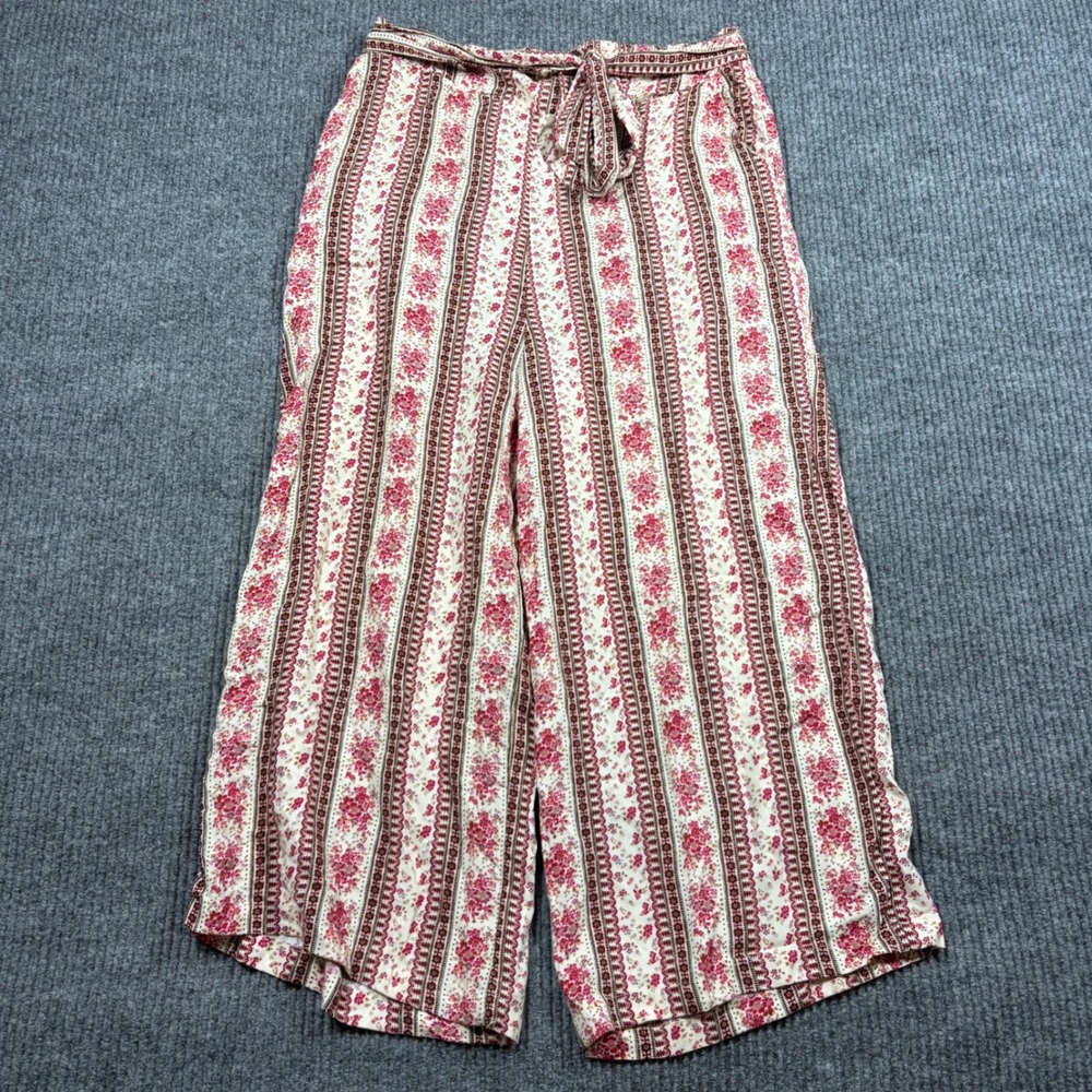 Shosho Pants Womens L Floral Striped Wide Leg Pants Red White  9SET01-BH01